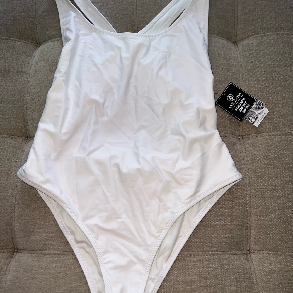 Volcom White One Piece Swimsuit with V-Neck and High-Leg Cut